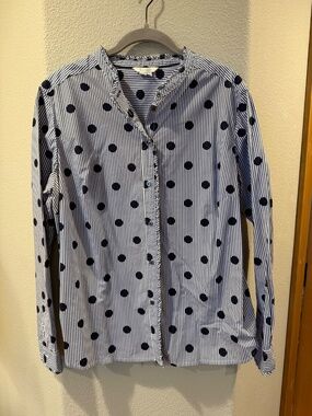 Boden Phoebe shirt navy spot stripe pattern and a frilled band collar Size 14